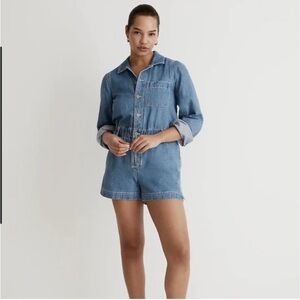 Madewell Denim Long Sleeve 100% Cotton Rushland Wash Romper Sz L